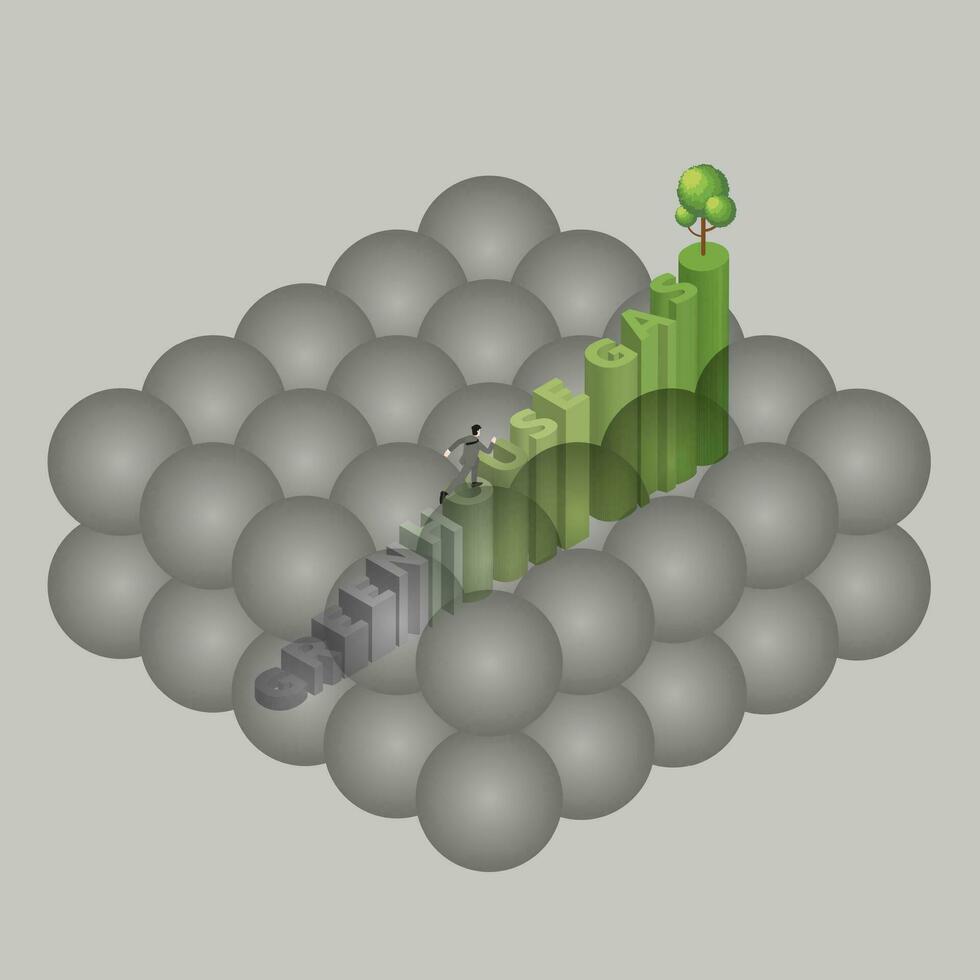 A man runs away from a cloud of smoke to a tree on top of text step. Smog, air quality vector