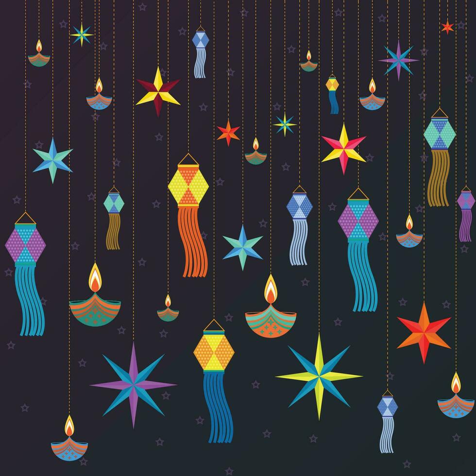 Diwali Diya's and lanterns in pattern vector illustration