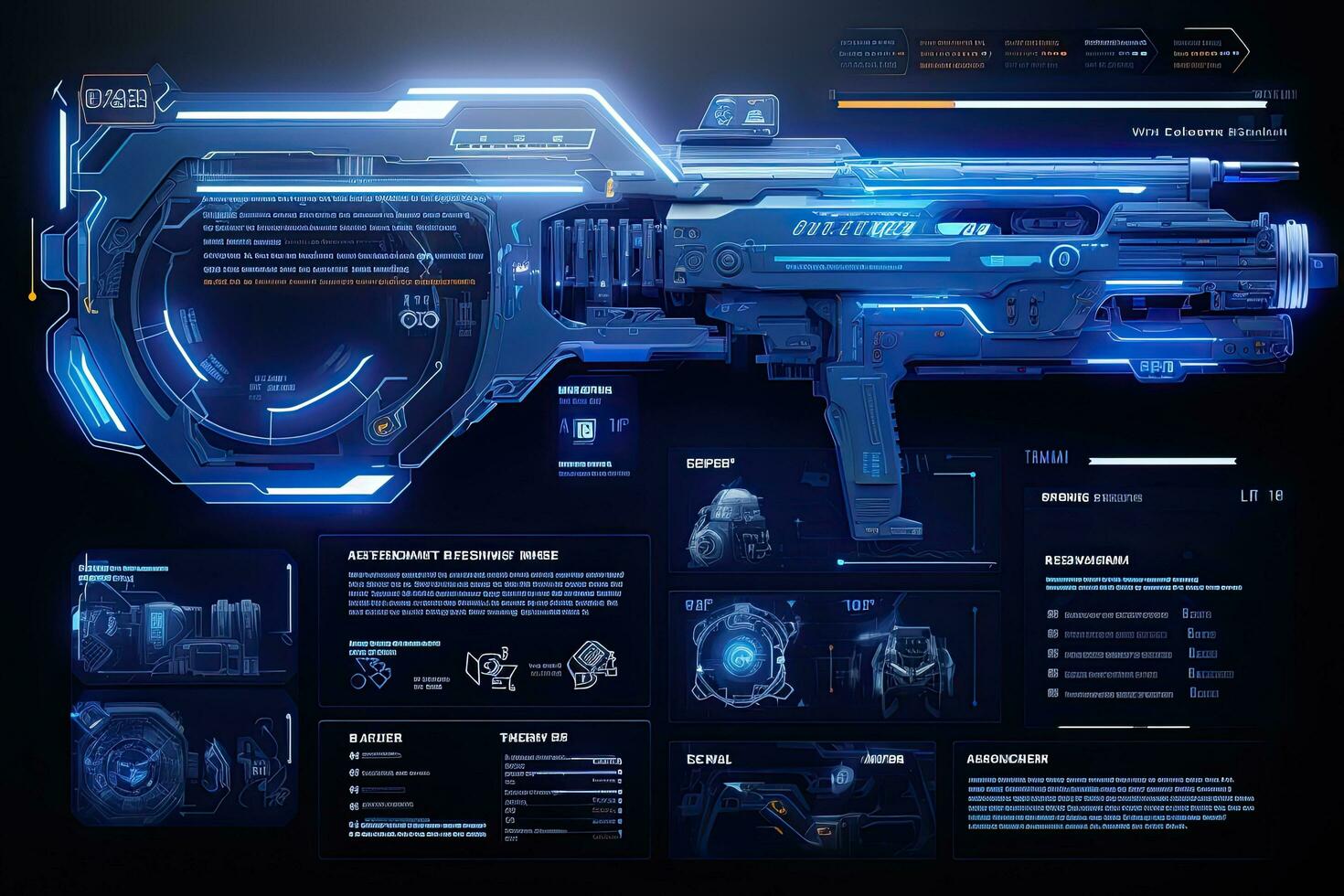 Futuristic HUD interface on dark background. Future technology concept. 3D Rendering, Game interface with futuristic weapons and graphics. Futuristic innovative technologies, AI Generated photo