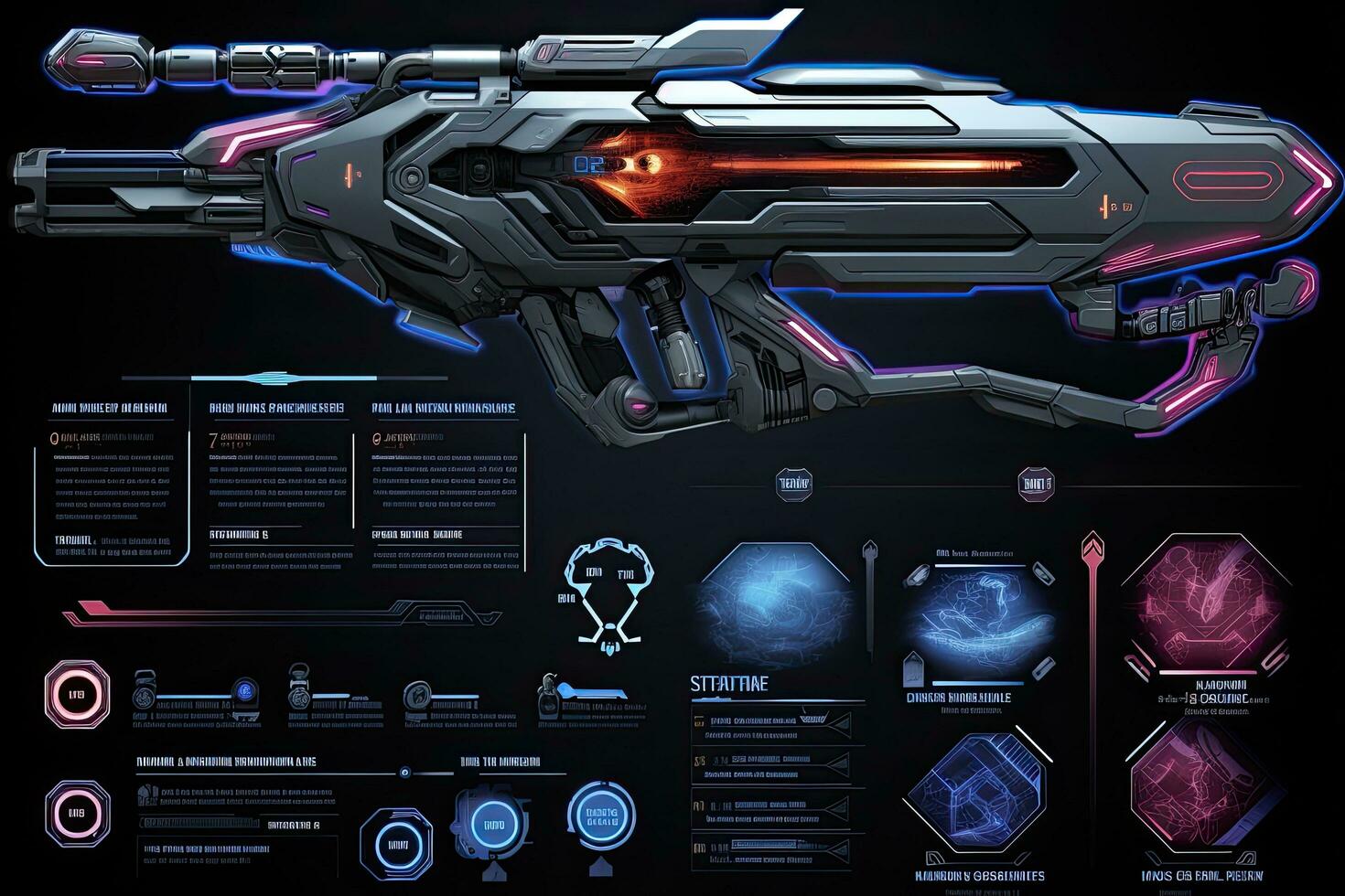 3D rendering of a futuristic space ship with HUD elements on a black background, Game interface with futuristic weapons and graphics. Futuristic innovative technologies, AI Generated photo