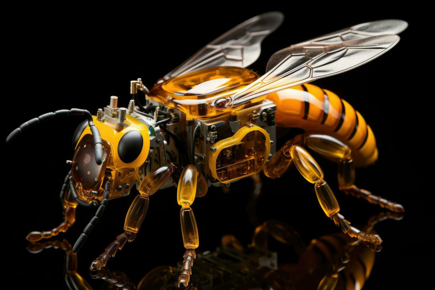 Close up of a bee toy. Isolated on black background, genetically modified robotic Honey Bee, AI Generated photo