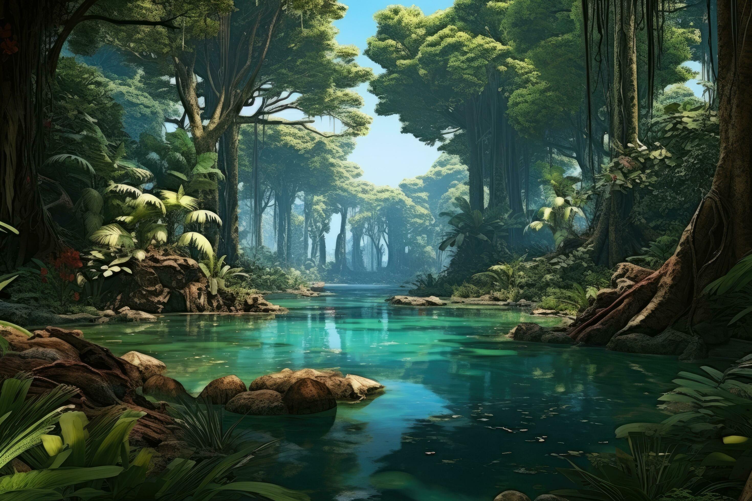 3D Rendering Of A Fantasy Green Forest With A Lake And Trees Game 3d-rendering-of-a-fantasy-green-forest-with-a-lake-and-trees-game