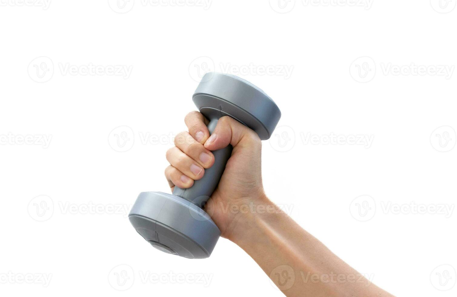 Concept for healthy lifestyle and imrpovement. Skinny young man holding a plastic dumbbell. After some edits. photo