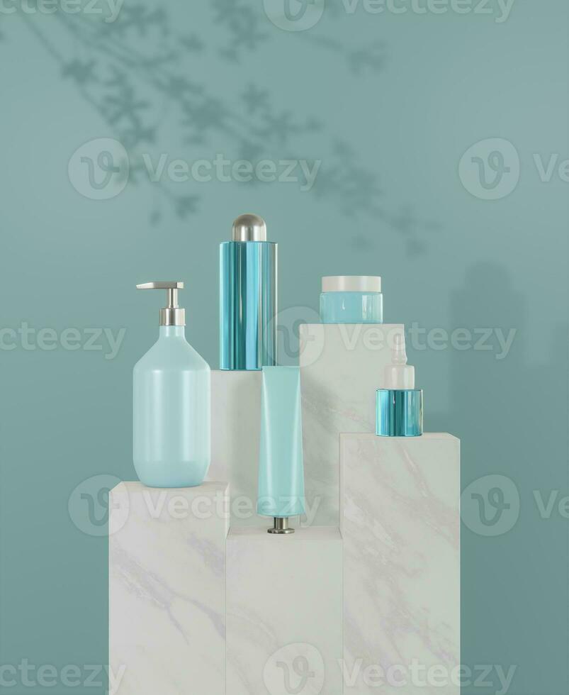 3D Rendering set of pump bottles, serum bottles, creams, and dis photo