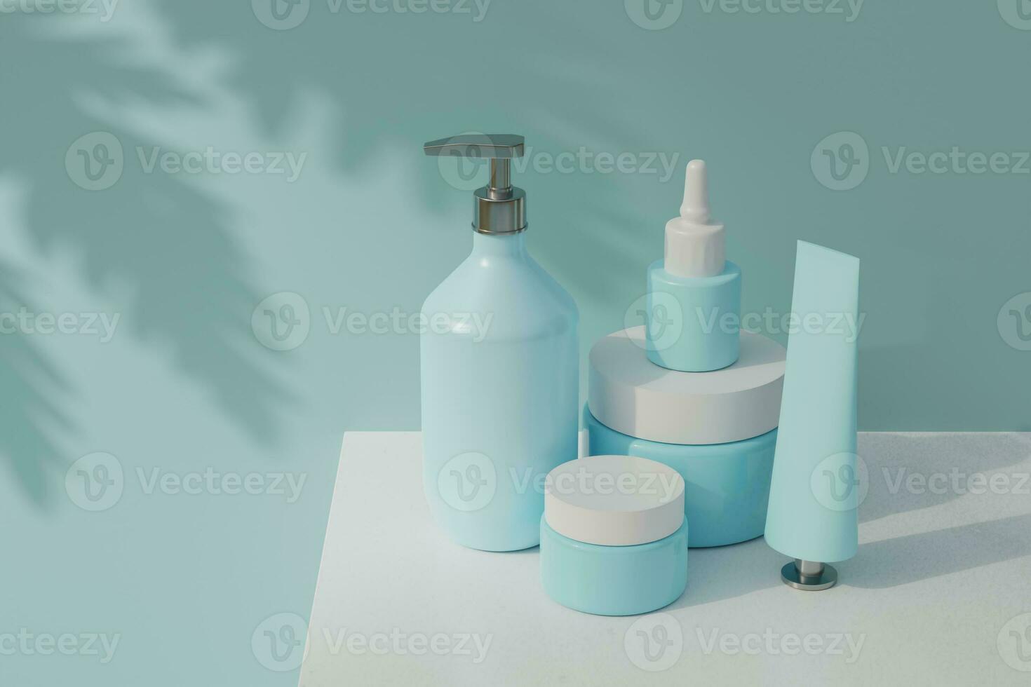 3D Rendering set of pump bottles, serum bottles, creams, and dis photo