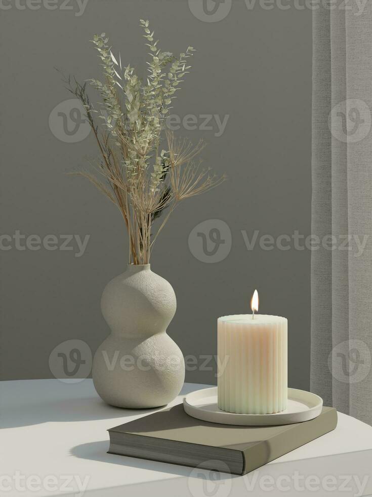 3D rendering white candle placed on circle table in livingroom a photo