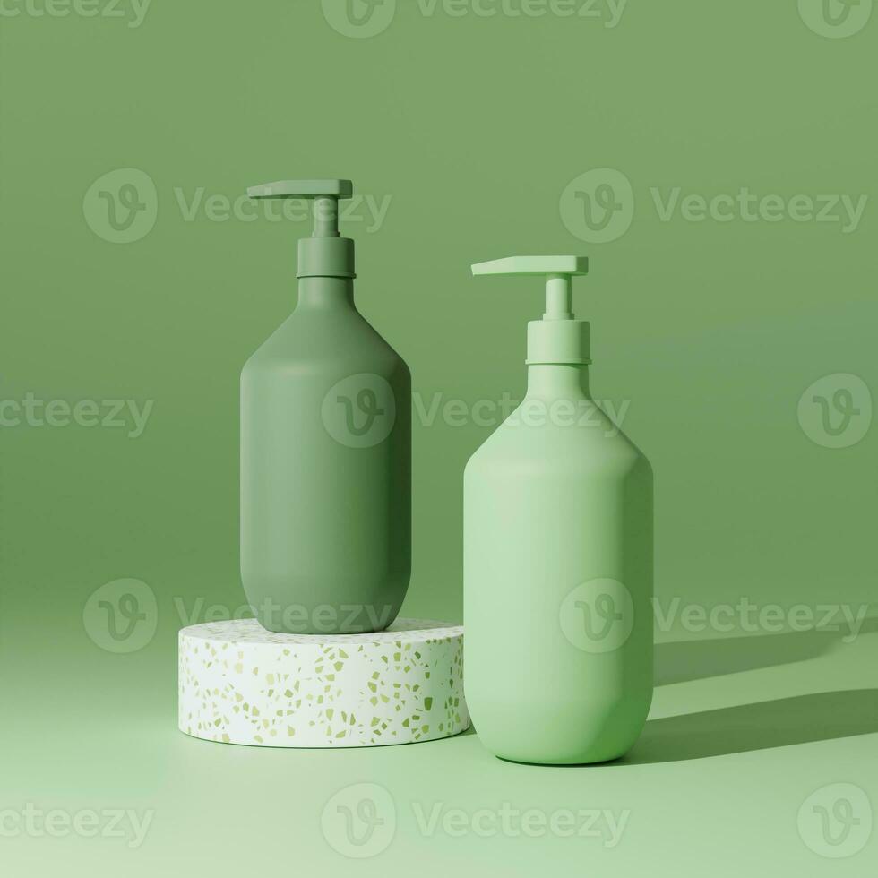 3D Rendering green lotion bottle placed on green background photo