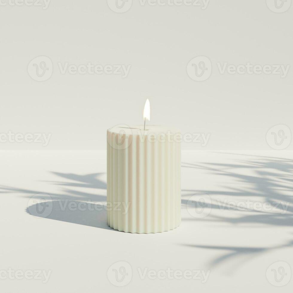 3D rendering white candle placed on floor with shadow of tree on photo