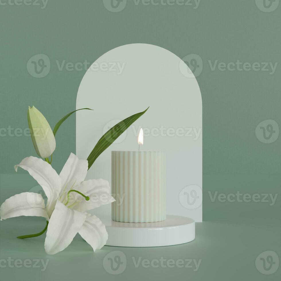 3D rendering white candle on white podium with lily flower green photo