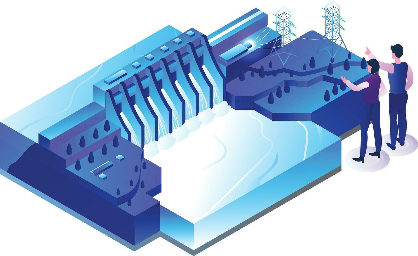 modelo de hidroeléctrico presa, isométrica vector