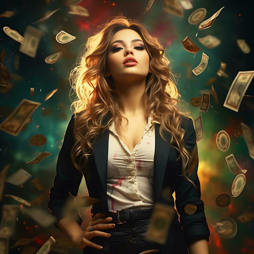 attractive young woman stands under money fly rain, Ai generated photo