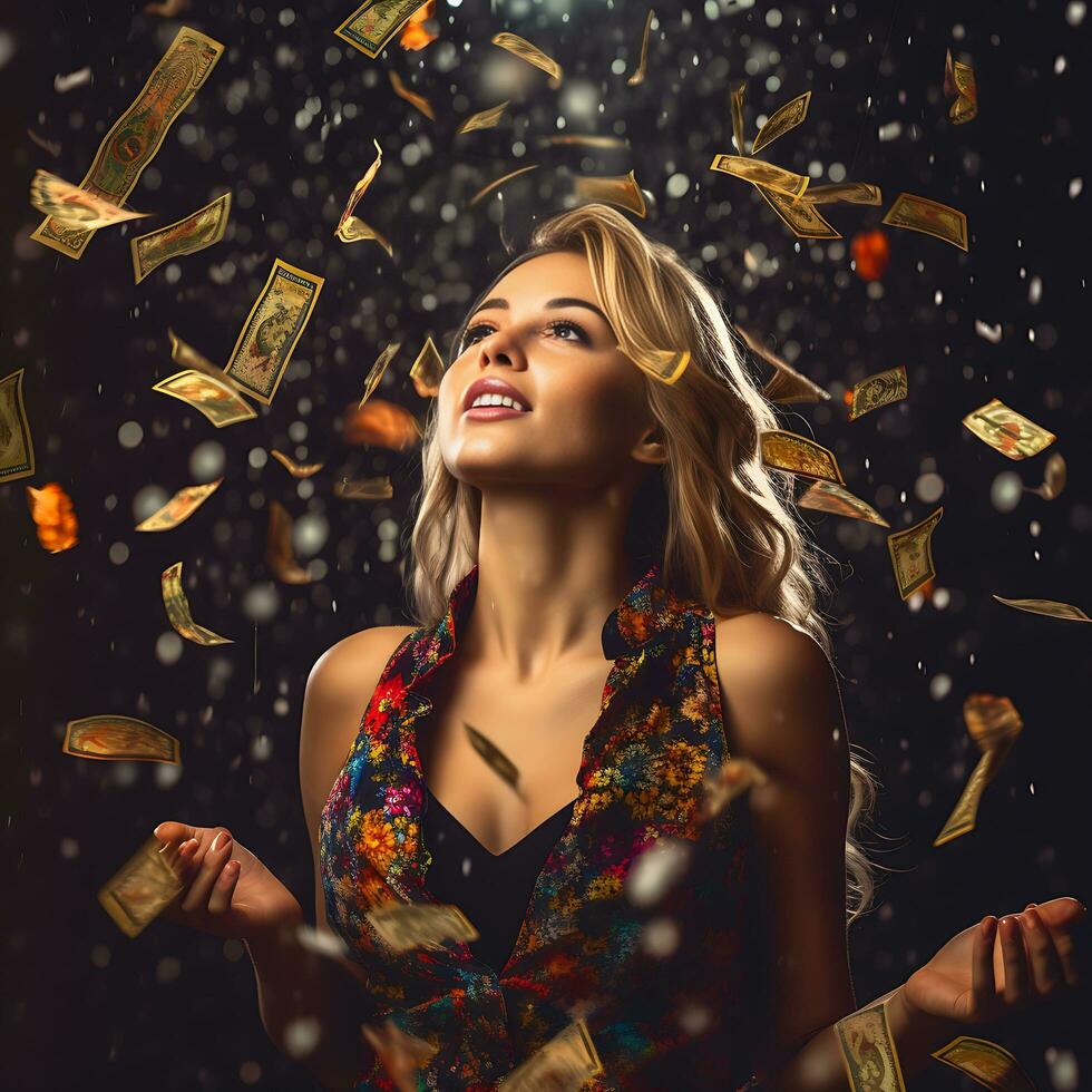 attractive young woman stands under money fly rain, Ai generated photo