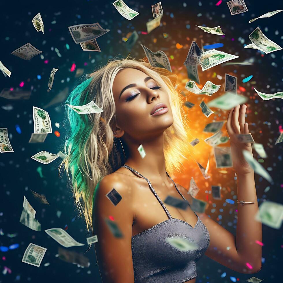 attractive young woman stands under money fly rain, Ai generated photo