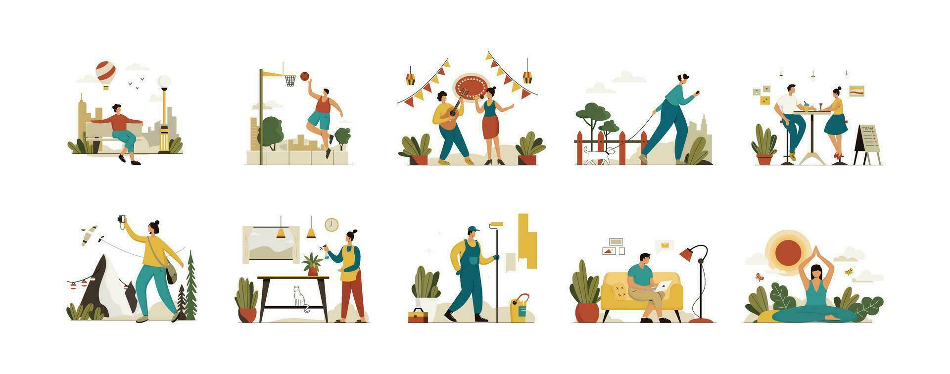 cantando, pintar el casa, trabajando a hogar, baloncesto Deportes, viajar, mujer caminando . vida vectores ilustración plano