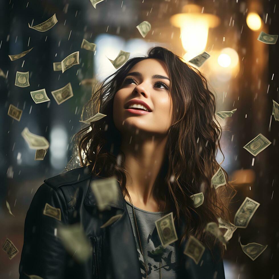 attractive young woman stands under money fly rain, Ai generated photo