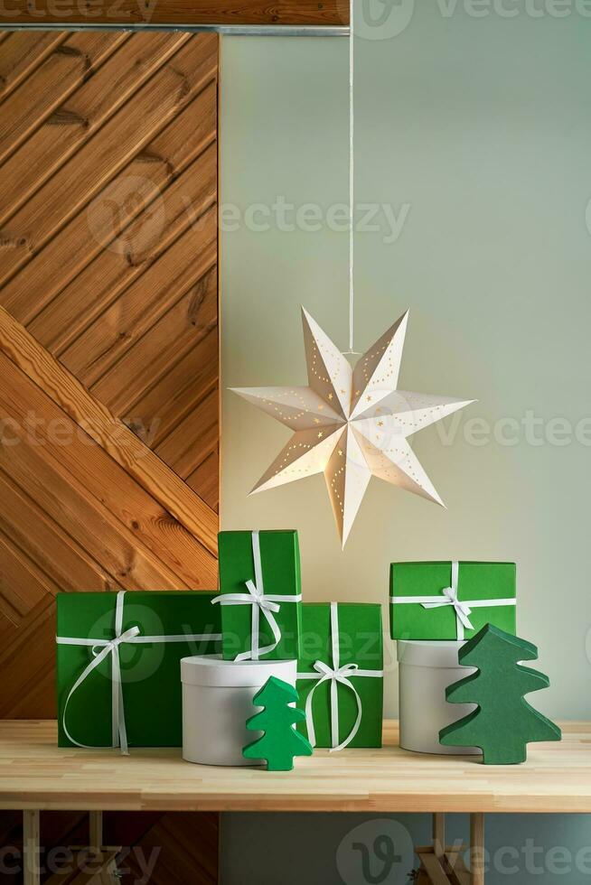 Christmas interior with different gifts. photo