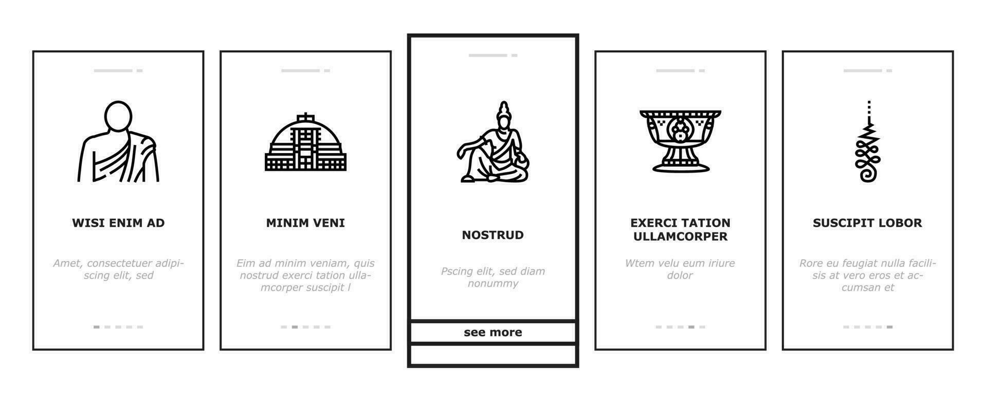 buddhism buddha lotus meditation onboarding icons set vector