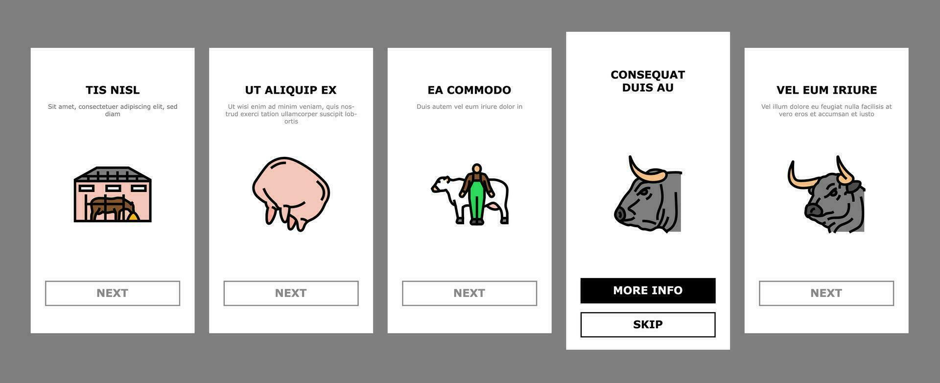 cow farm dairy cattle milk white onboarding icons set vector