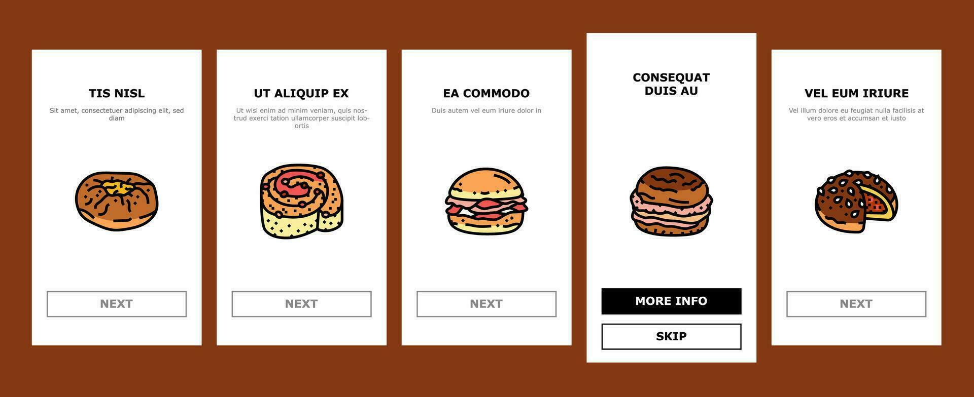 bun food meal bread onboarding icons set vector