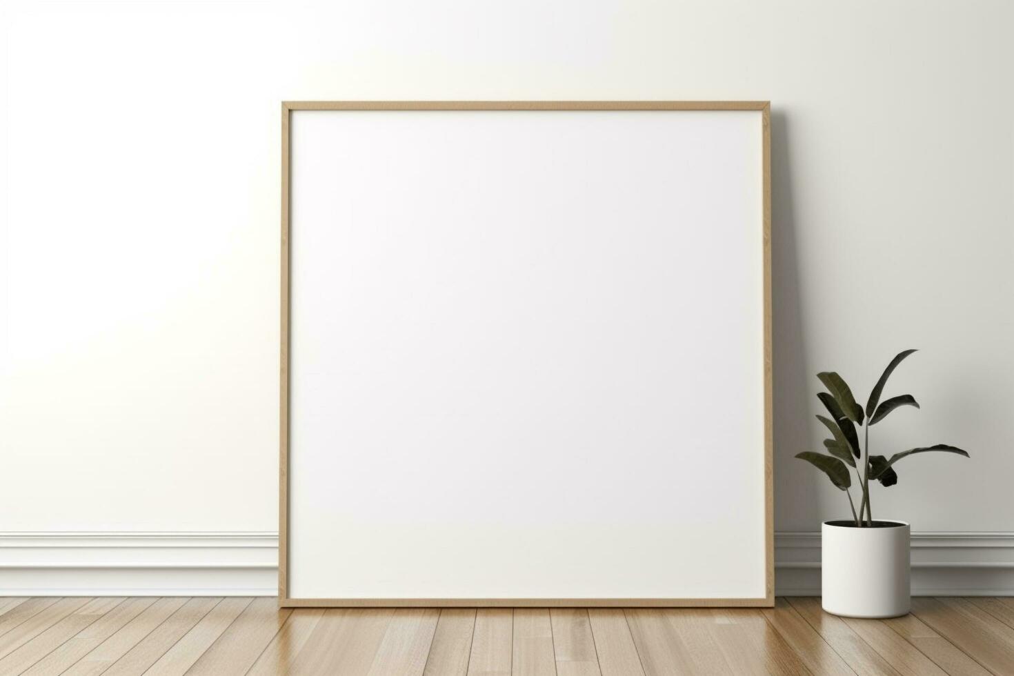 A white blank frame with a potted plant on the floor next to a white wall, Generative AI photo