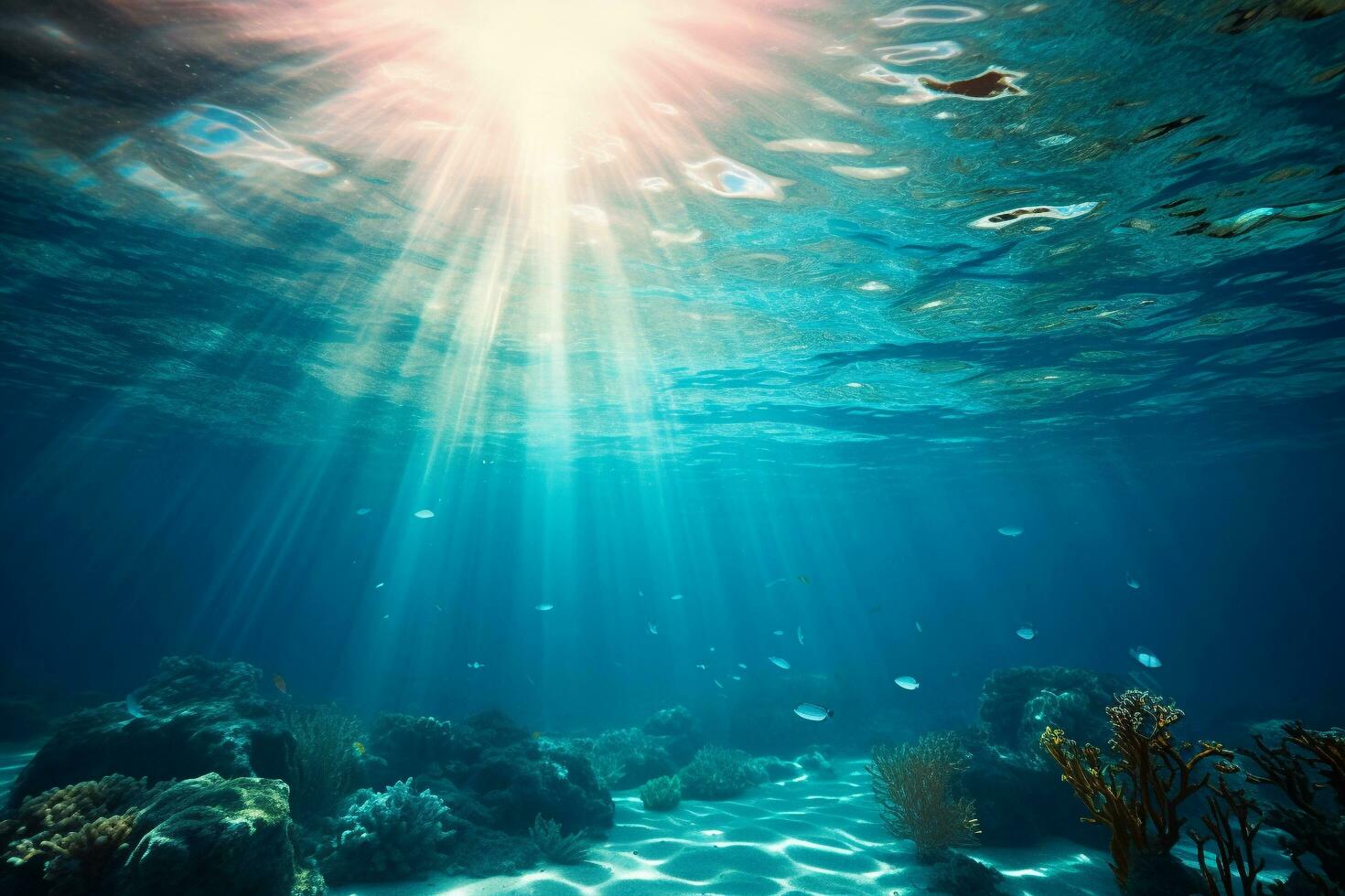An image of the sun shining through the water in the ocean, Generative AI photo