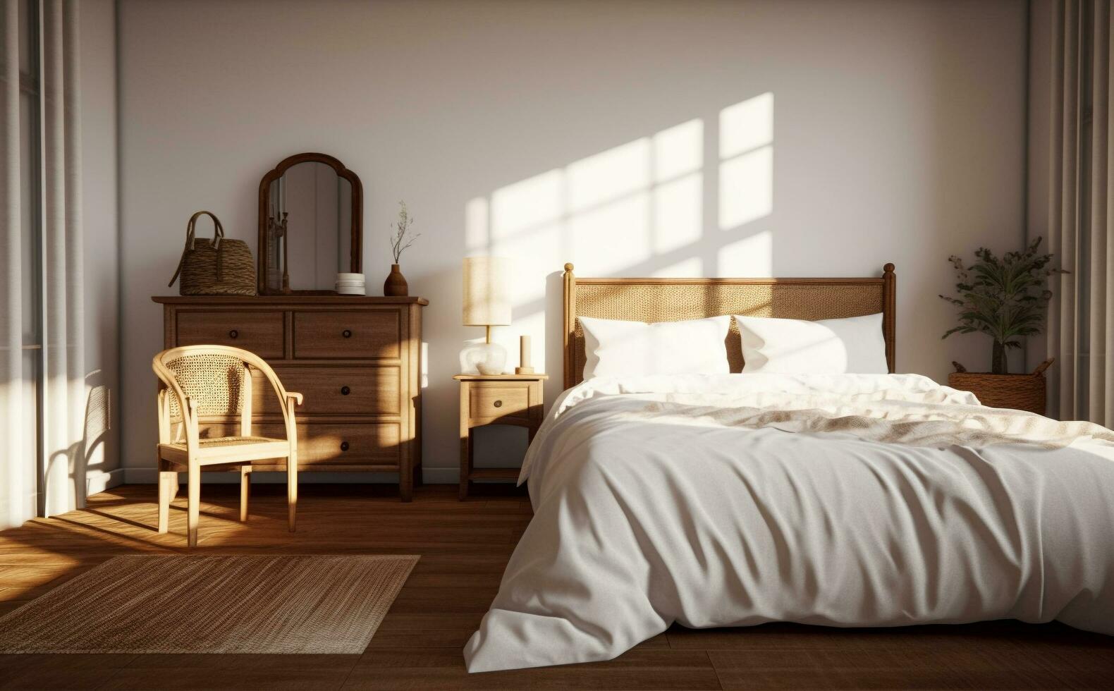 An image of a bedroom with a bed, dresser, and chair, The bed is made of dark wood, Generative AI photo