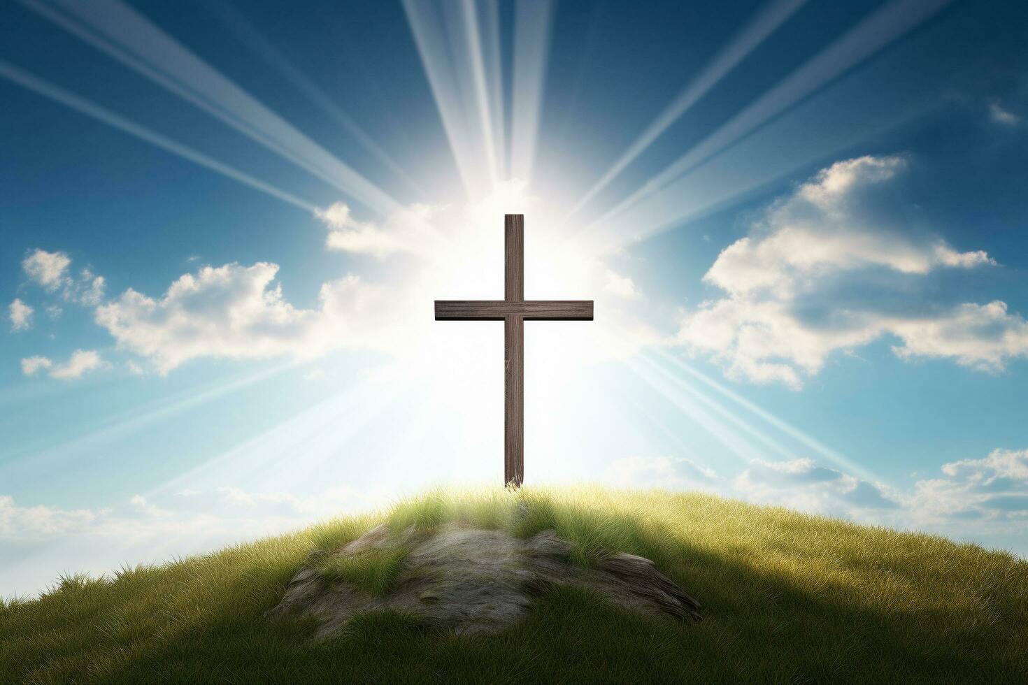 A cross on top of a hill with a blue sky background, Generative AI photo