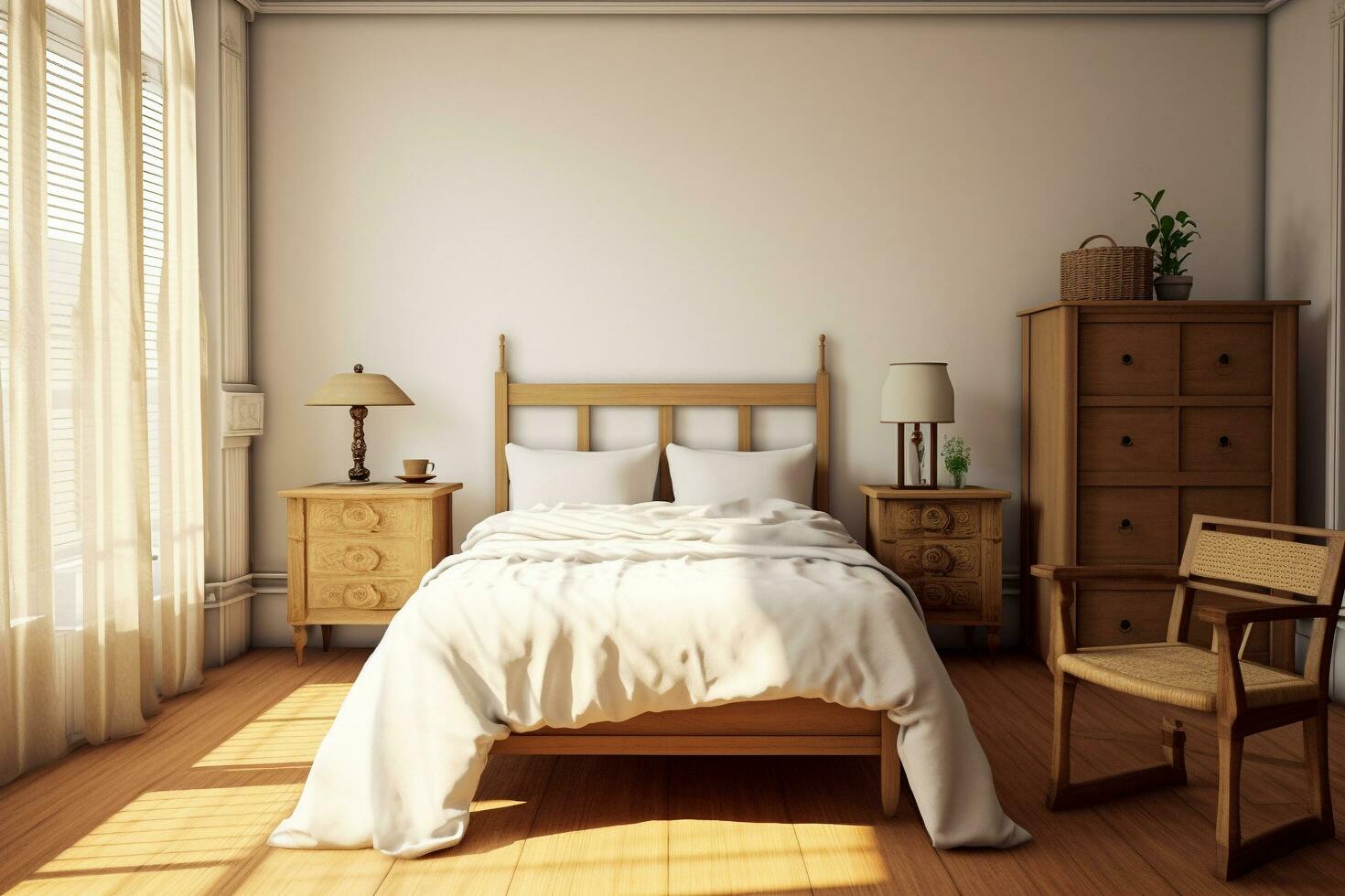 An image of a bedroom with a bed, dresser, and chair, The bed is made of dark wood, Generative AI photo