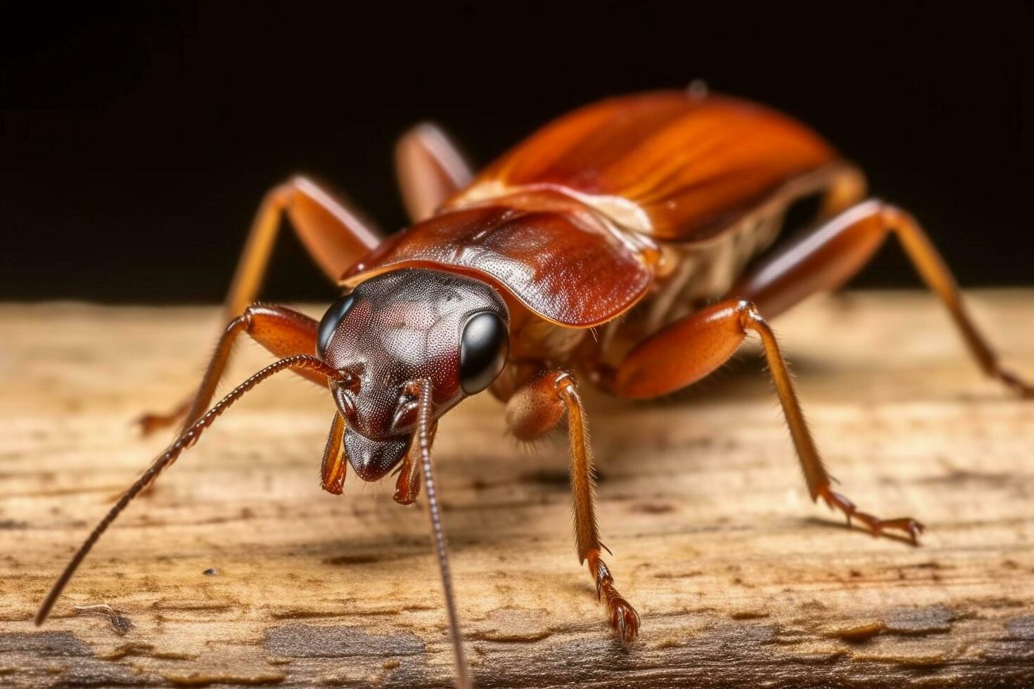 A close-up of a cockroach on a piece of wood, a macro image of a cockroach, Generative AI photo
