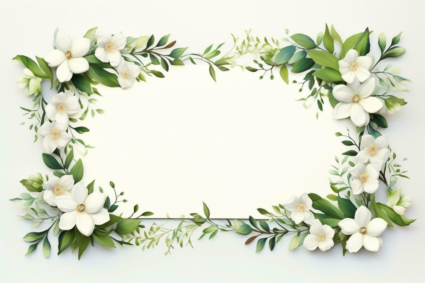 An illustration of a floral frame with white flowers and green leaves on white background, Generative AI photo