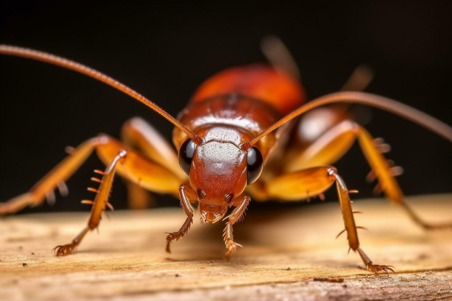 A close-up of a cockroach on a piece of wood, a macro image of a cockroach, Generative AI photo