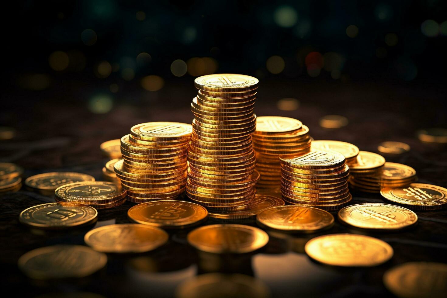 A pile of golden bitcoins on top of a black table, bitcoins on a dark background, Generative AI photo