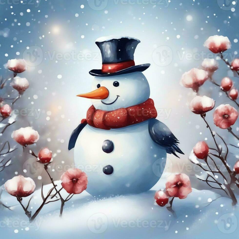 Snowman with scarf and hat on snowy background. Christmas card. on a background of a winter landscape gennerate by stable diffusion Ai photo