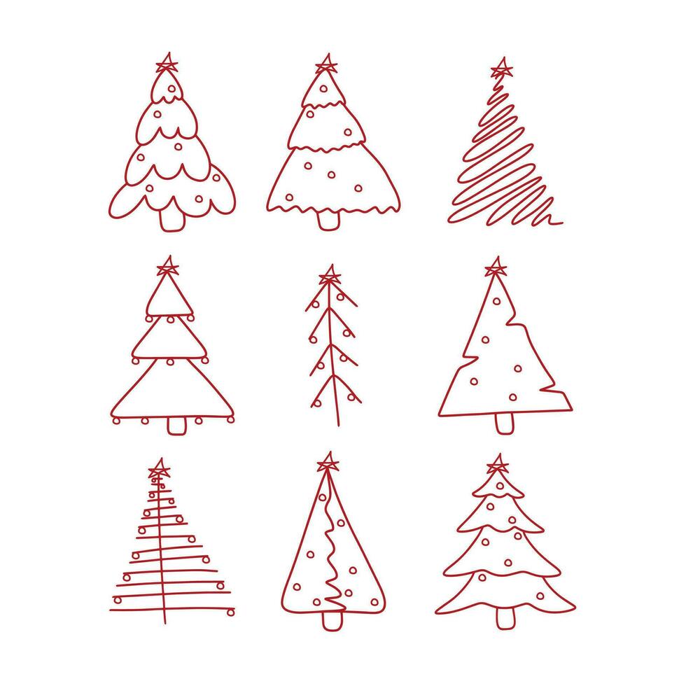Hand drawn Christmas trees set. New Year doodle illustration. Merry Christmas vector for card, design, congratulation