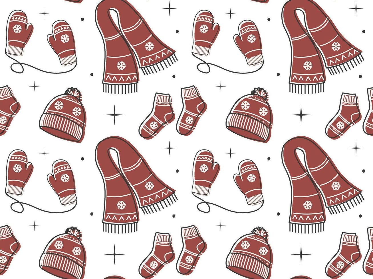 Winter accessories in doodle style seamless pattern. Hand drawn warm knitted clothes set. Cozy seasonal background vector