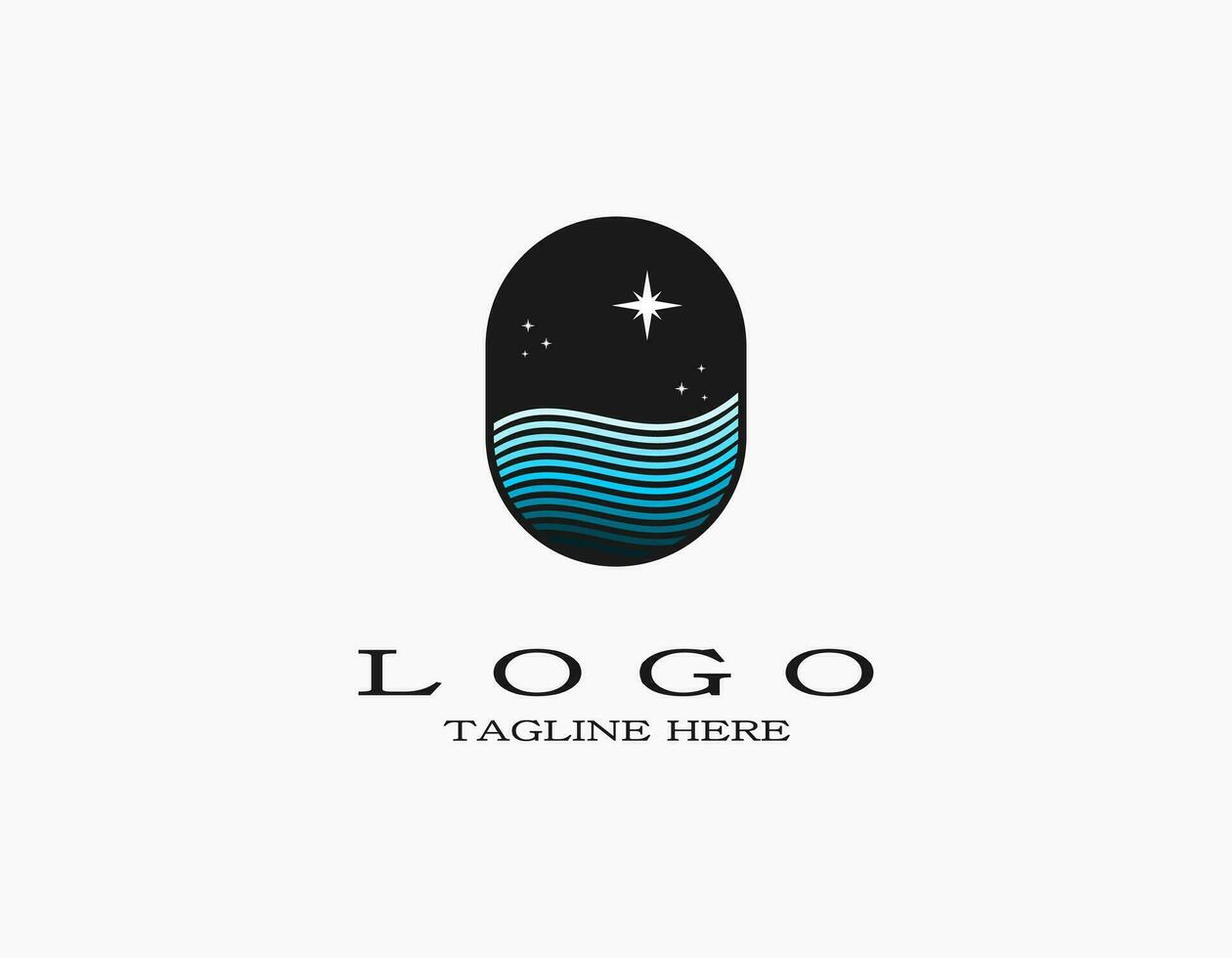 Night stars and waves ocean logo. Aesthetic design vector with sparkling stars in the blue sky. Icon, logo, or ornament.