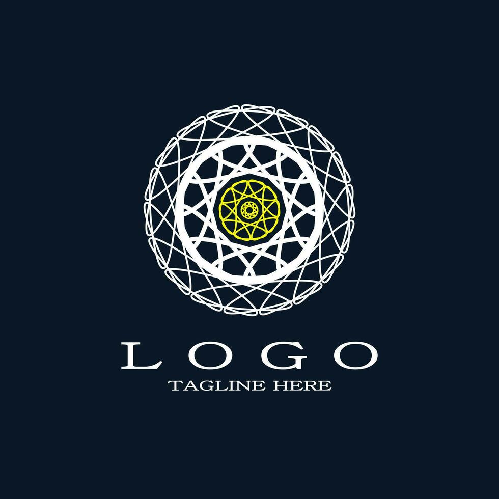Luxury yellow and white circular ornament logo. Elegant round with abstract floral pattern. Mandala design concept. vector