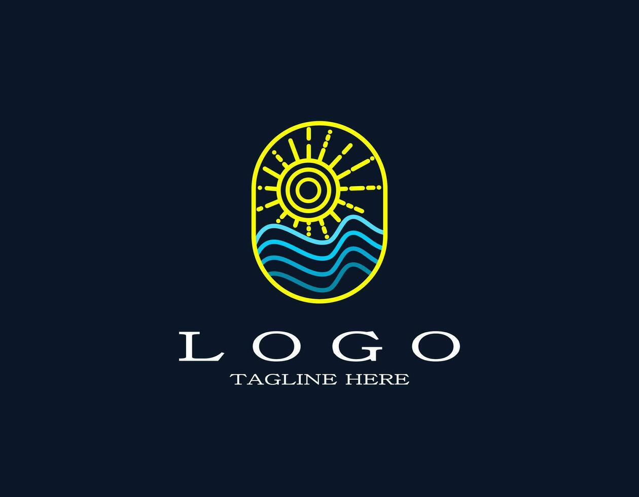 Minimal luxury logo with waves sea or ocean and sun. Retro and vintage design concept with blue, yellow. Logo with lines and strokes art. Suitable for travel, resort, hotel, park, beach. vector