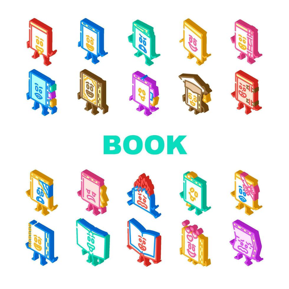 book character school icons set vector