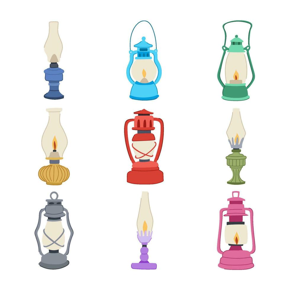 kerosene lamp set cartoon vector illustration