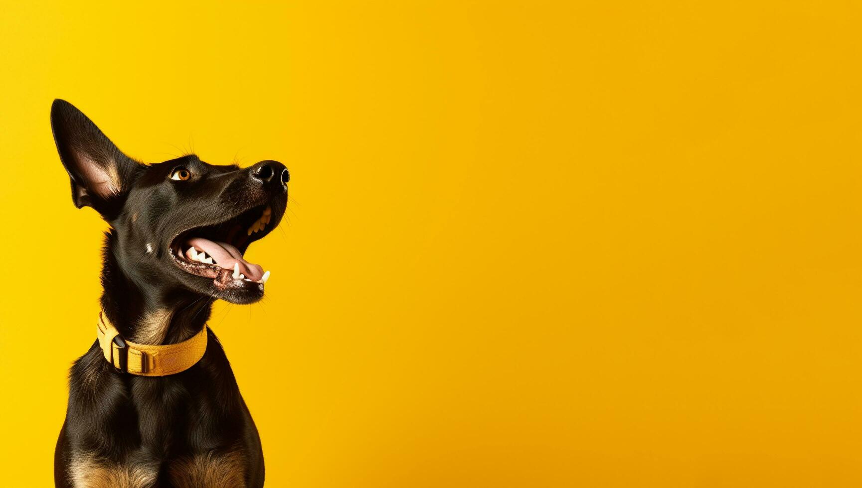 un perro con un impactante cara en frente de un amarillo fondo, un perro con sus boca abierto, generativo ai foto