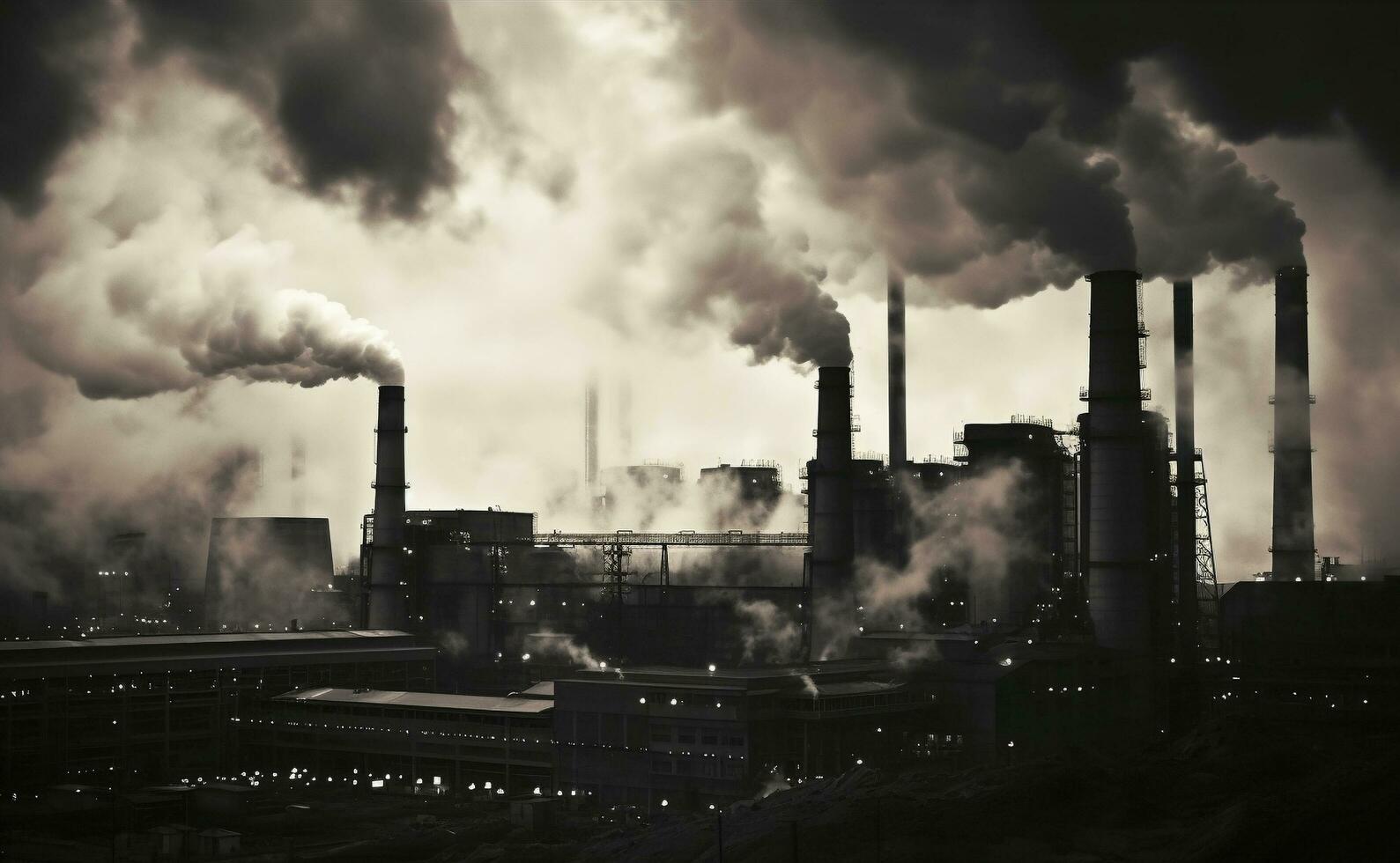 un negro y blanco imagen de fumar viniendo fuera de un fábrica, aire contaminación, global calentamiento, generativo ai foto