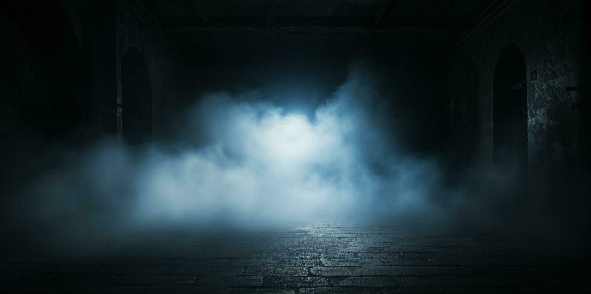 un oscuro habitación con fumar viniendo fuera de él, noche escena con niebla, oscuro vacío lugar, generativo ai foto