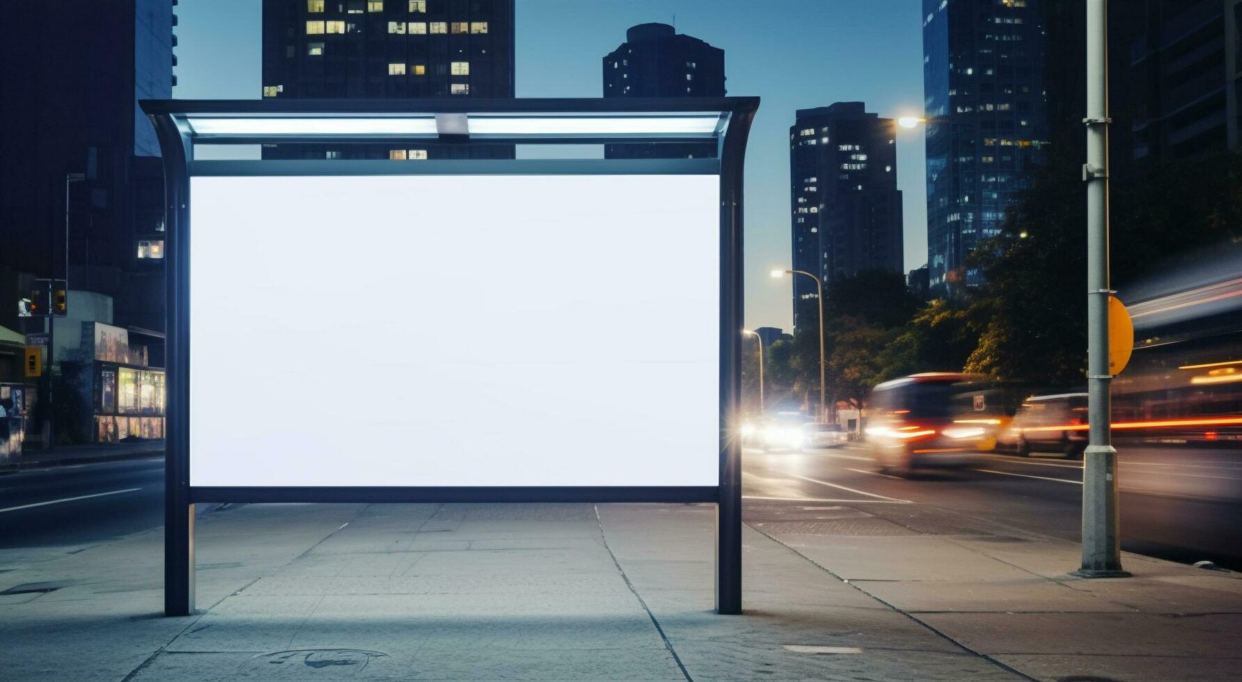 un imagen de un autobús detener con un blanco cartelera en el lado de el camino, generativo ai foto