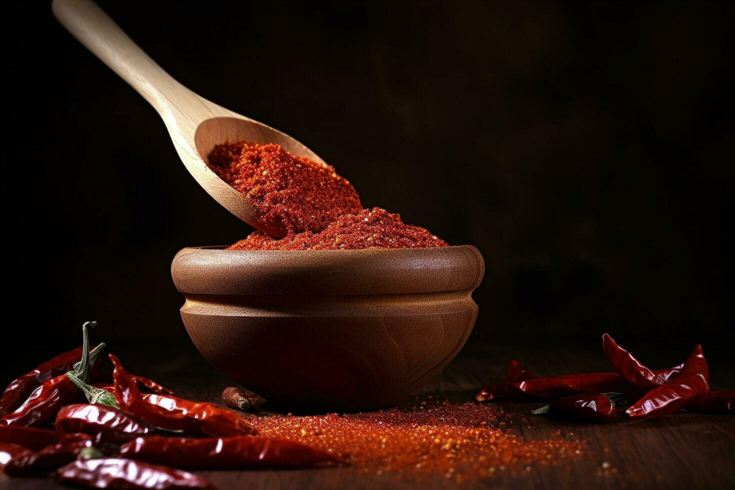 A wooden spoon pouring chili powder into a bowl, chili powder in wooden spoon, Generative AI photo