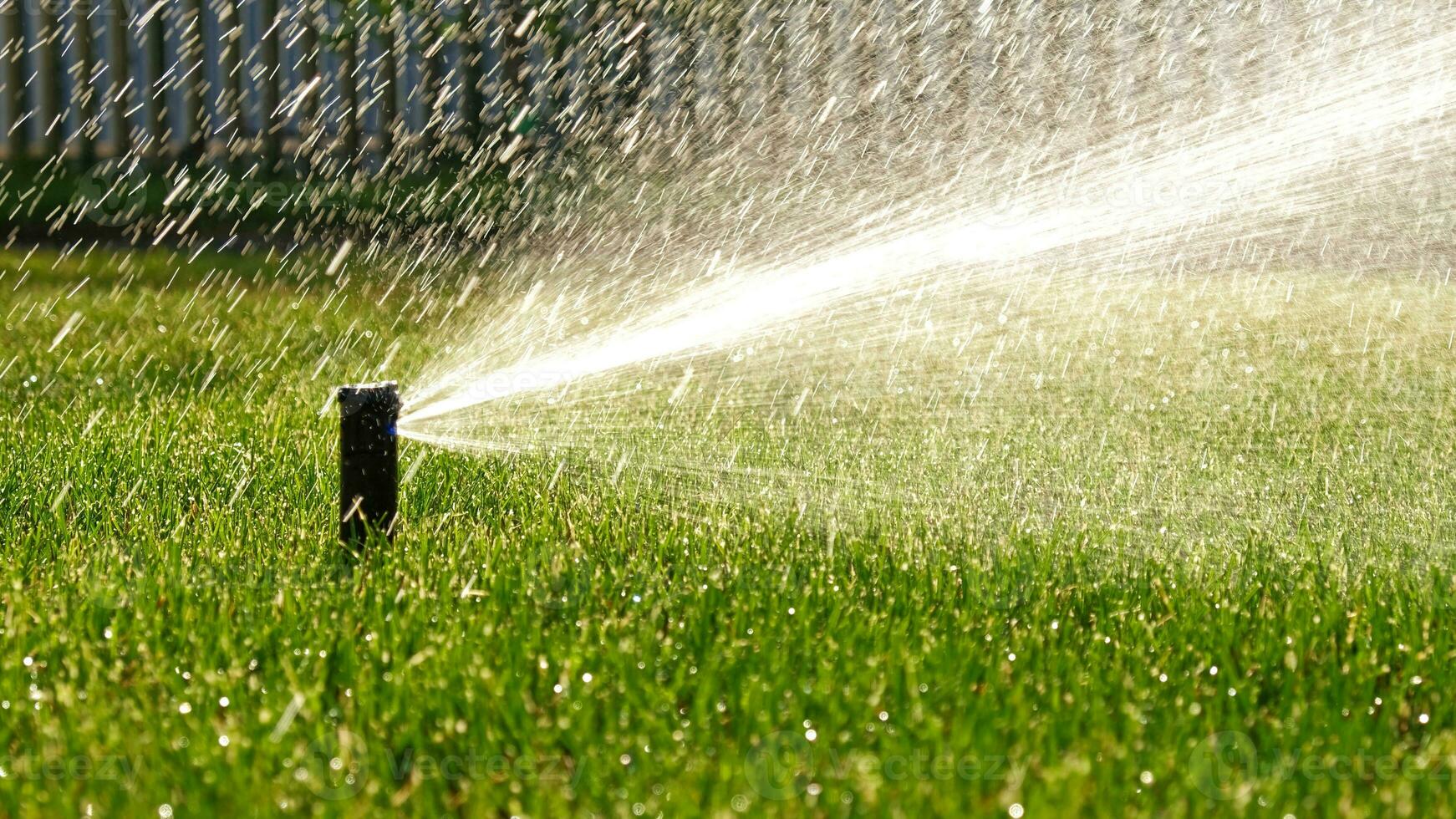 Automatic garden irrigation system watering lawn with adjustable head. Automatic equipment for irrigation and maintenance of lawns, gardening. photo