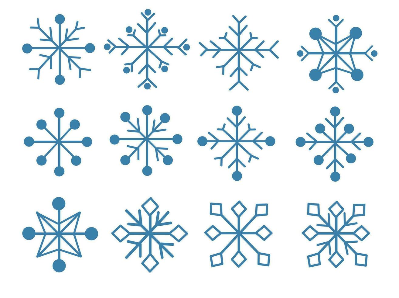 Snowflakes set. Winter collection of blue isolated twelve icons on white background. Vector flat illustration.