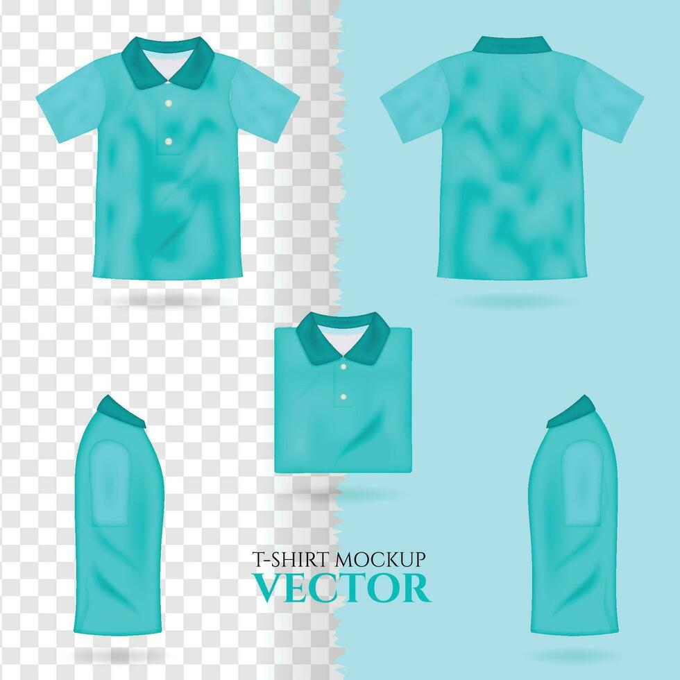 Set of t-shirt 3d realistic mock up, male sky blue t-shirt vector template front back view. Blank apparel design for men, sportswear, casual clothing