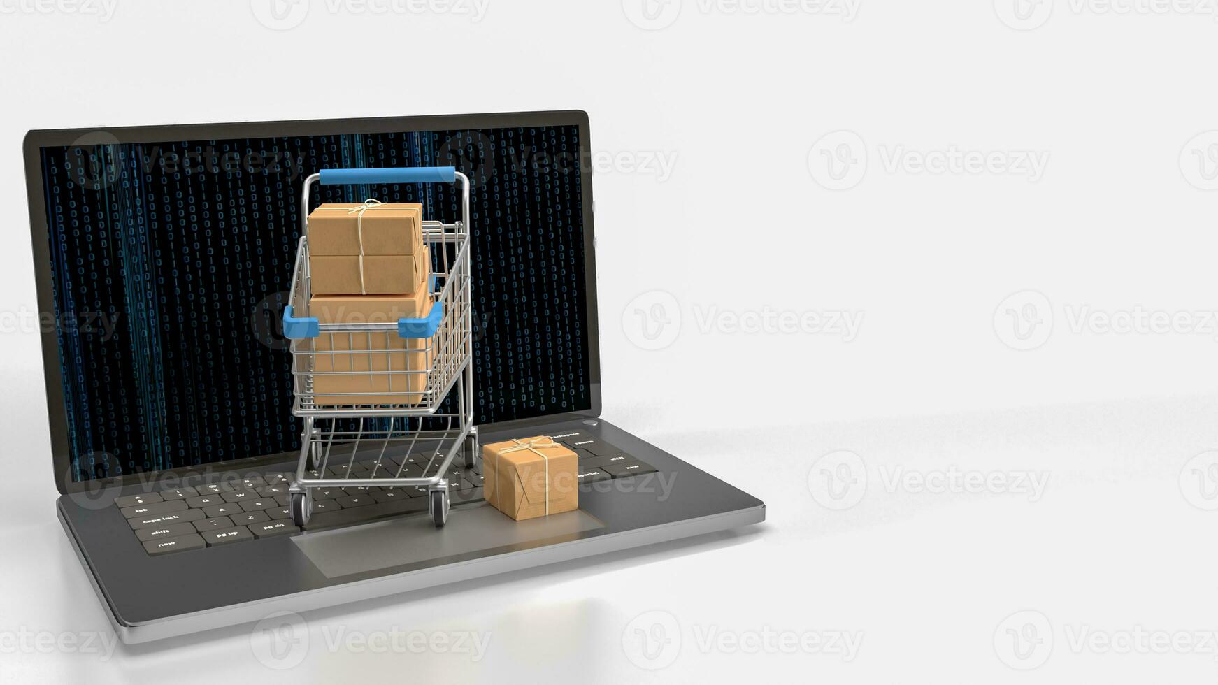 The trolley and box on notebook for e commerces concept 3d rendering photo