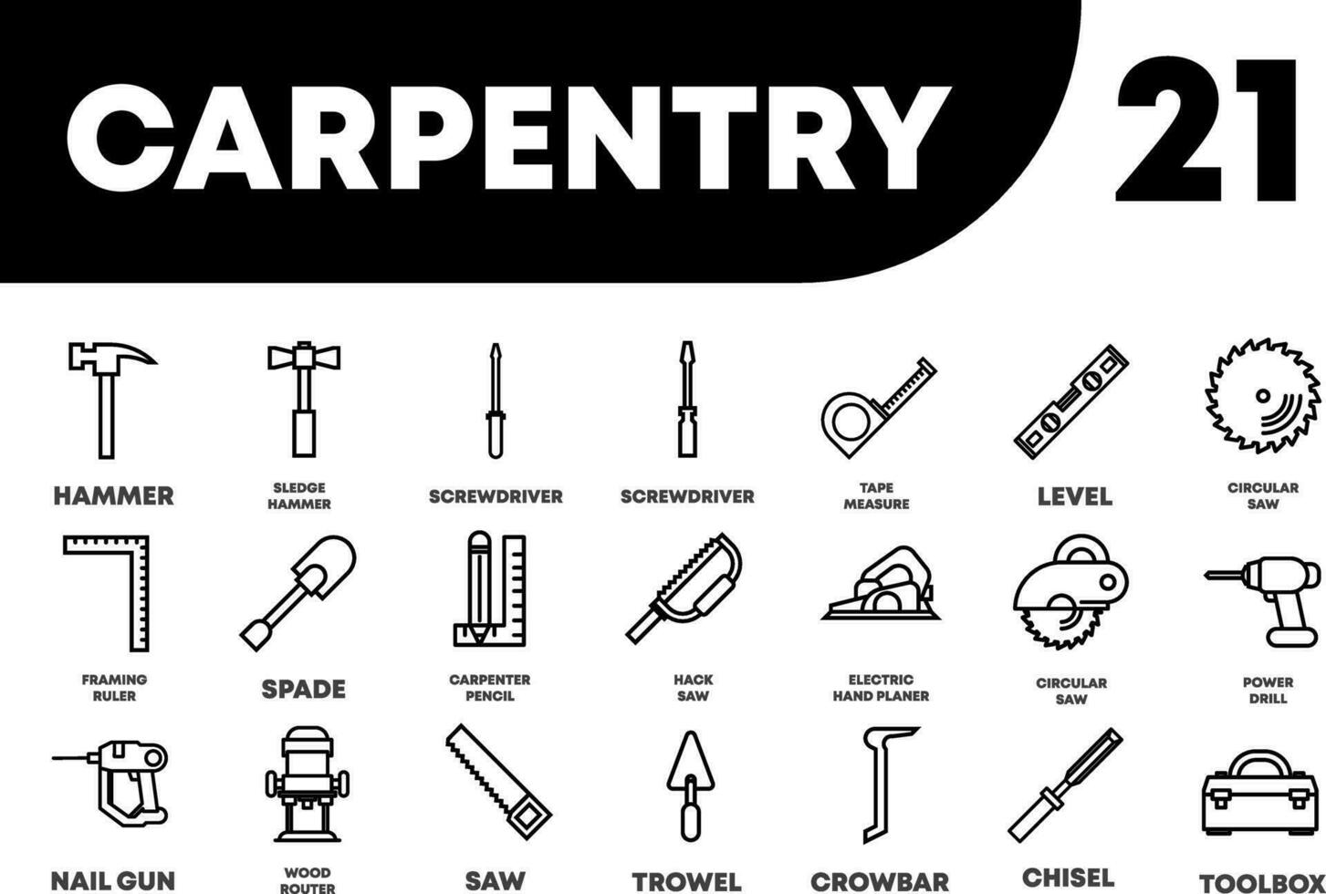 set of carpentry tools icon in line style vector
